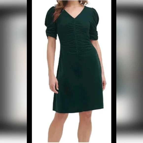 Dkny Ruched Velvet Fit & Flare Dress - Hunter - Size 8